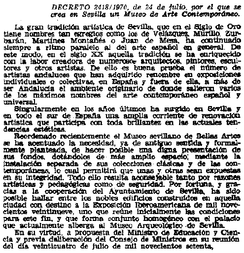 Imagen del BOE del Decreto 2418/1970, de 24 de julio, por el que se crea en Sevilla un Museo de Arte Contemporáneo