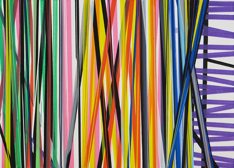 Obra de José Piñar, que participa en Drawing Room con la Galería Ruiz Linares. Composición de líneas verticales en diferentes tonos de verdes, rosas, amarillos, naranjas y azules, con líneas horizontales cortas en color morado en la derecha.