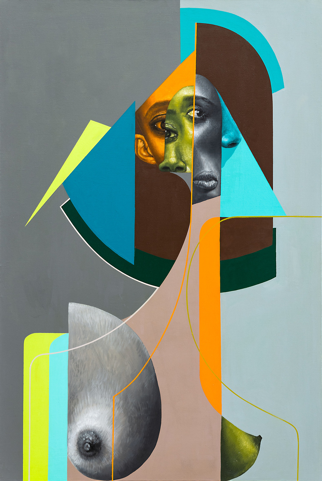 'Muguet Le Noir', obra de Belin, que participa en JustMad 2022 con Rampa. Representa a una mujer compuesta de fragmentos de rostros, pelo, cuello y torso, con realismo en la cara y los pechos.